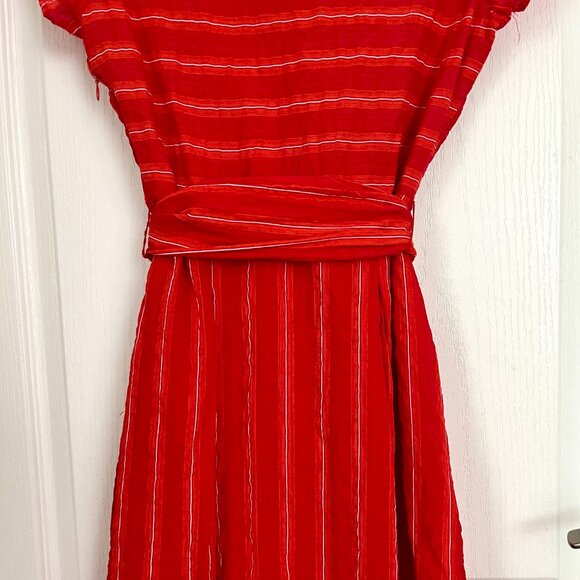 Tristan Red Striped Faux Wrap Cotton Blend V Neck Dress with Tie Belt Cap Sleeve - Picture 12 of 15